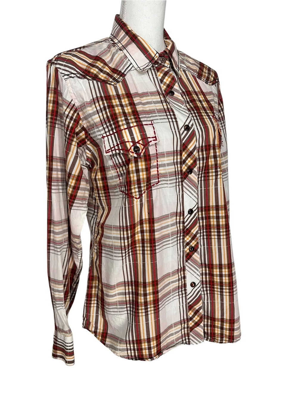 BROOKS & DUNN / Cream Red & Orang Plaid Western Button Down Shirt / Large